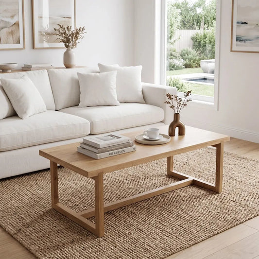 A light natural wood rectangular coffee table with a lower support bar, styled in a bright, modern living room next to a white sofa on a woven jute rug.