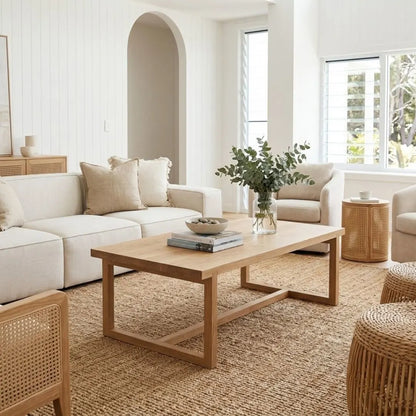 A modern living room featuring a light oak wood coffee table with a geometric frame, styled on a large woven jute rug. The room has white paneled walls, a white sectional sofa with beige pillows, and natural rattan side tables and chairs.