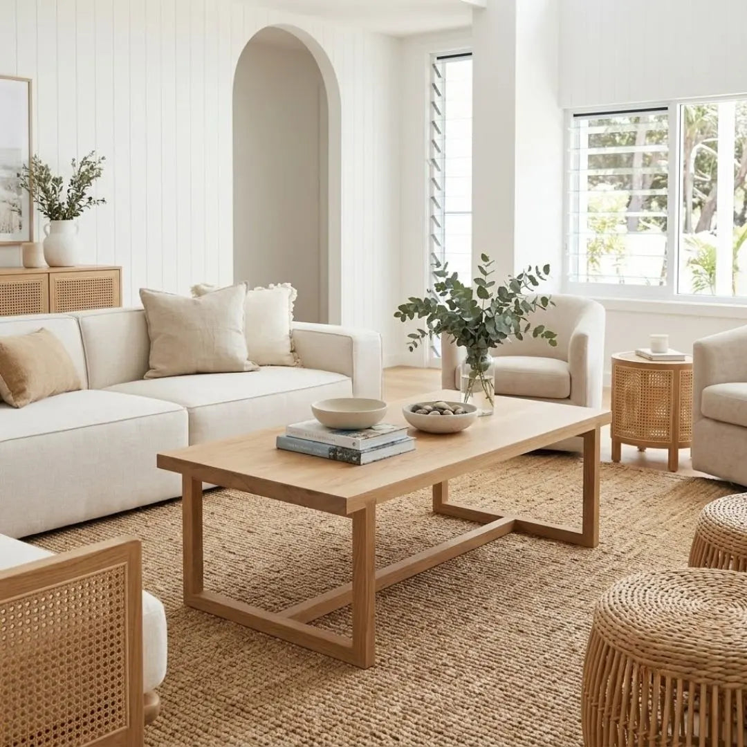 A modern living room featuring a light natural wood coffee table with a geometric frame, styled on a woven jute rug with neutral-toned sofas and rattan furniture.