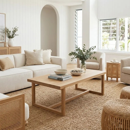 A modern living room featuring a light natural wood coffee table with a geometric frame, styled on a woven jute rug with neutral-toned sofas and rattan furniture.