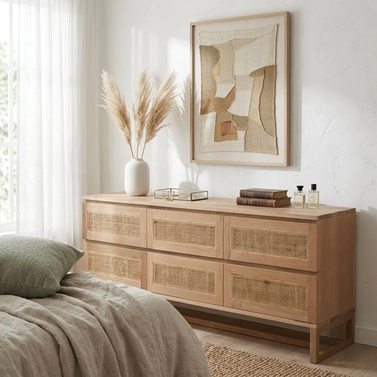 Modern bedroom with wooden dresser