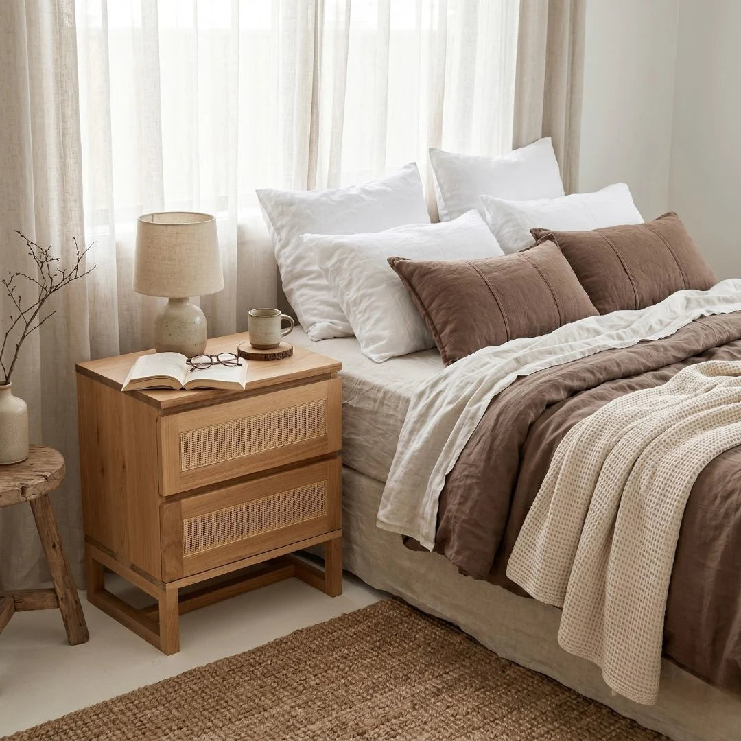 Kiera American Oak and Rattan Bedside Table in a modern bedroom