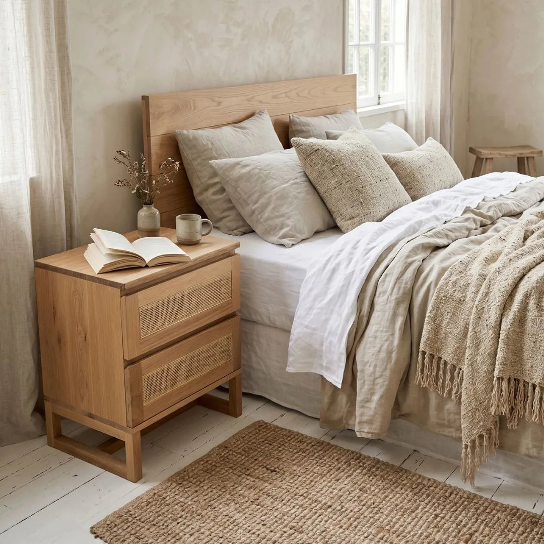 Kiera American Oak and Rattan Bedside Table in a modern bedroom