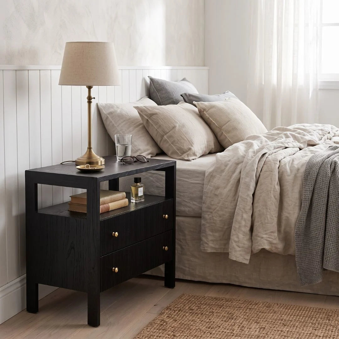 Kingscliff Modern Black Nightstand/Bedside Table Sun Republic in a styled bedroom setting.
