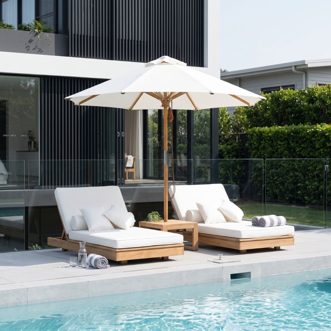 Two wooden outdoor chaise lounge chairs with white cushions are positioned beside a swimming pool under a large white patio umbrella, with a modern house and greenery in the background.