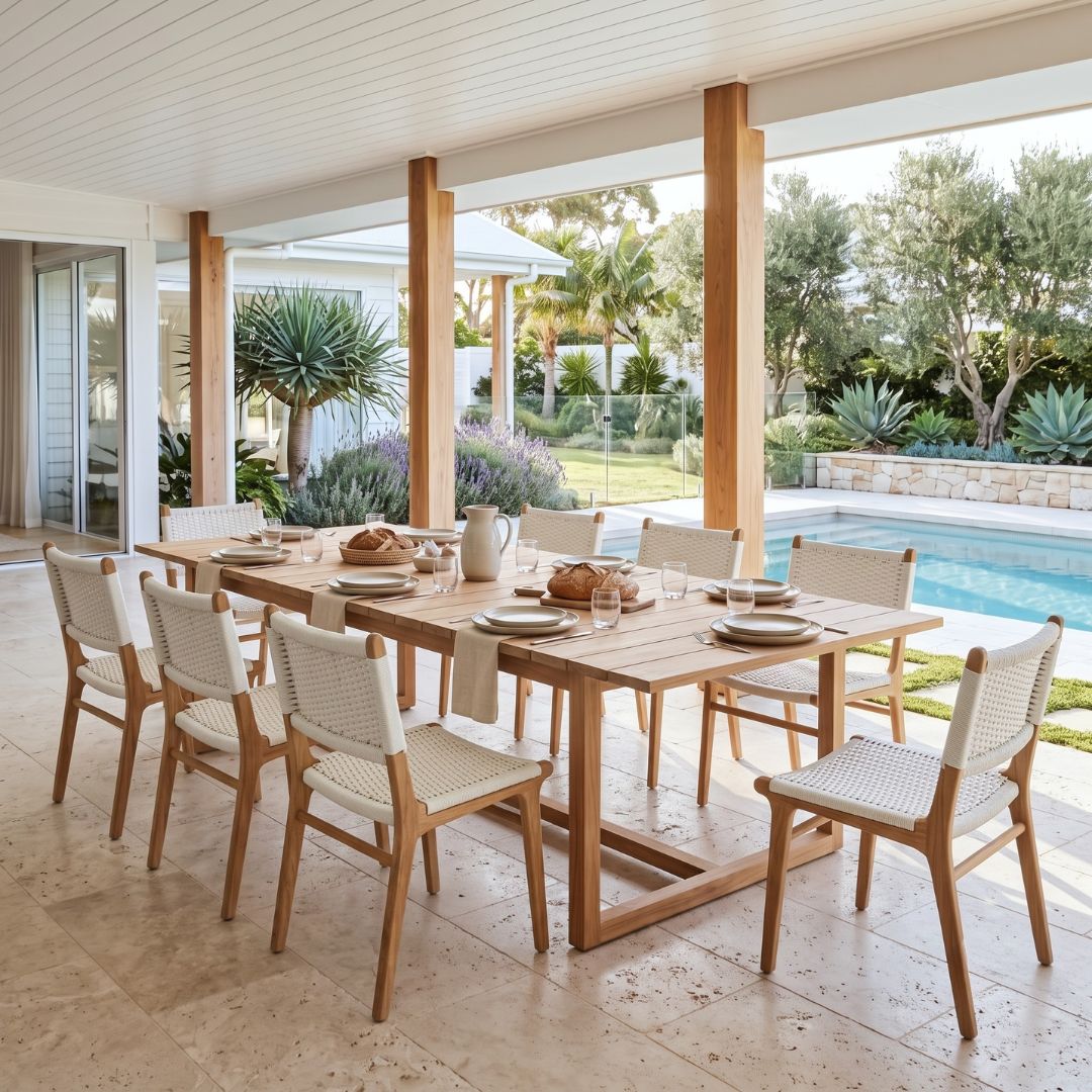 A wooden dining table with woven chairs set on a covered patio overlooking a swimming pool and landscaped garden.