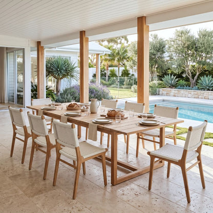 A wooden dining table with woven chairs set on a covered patio overlooking a swimming pool and landscaped garden.