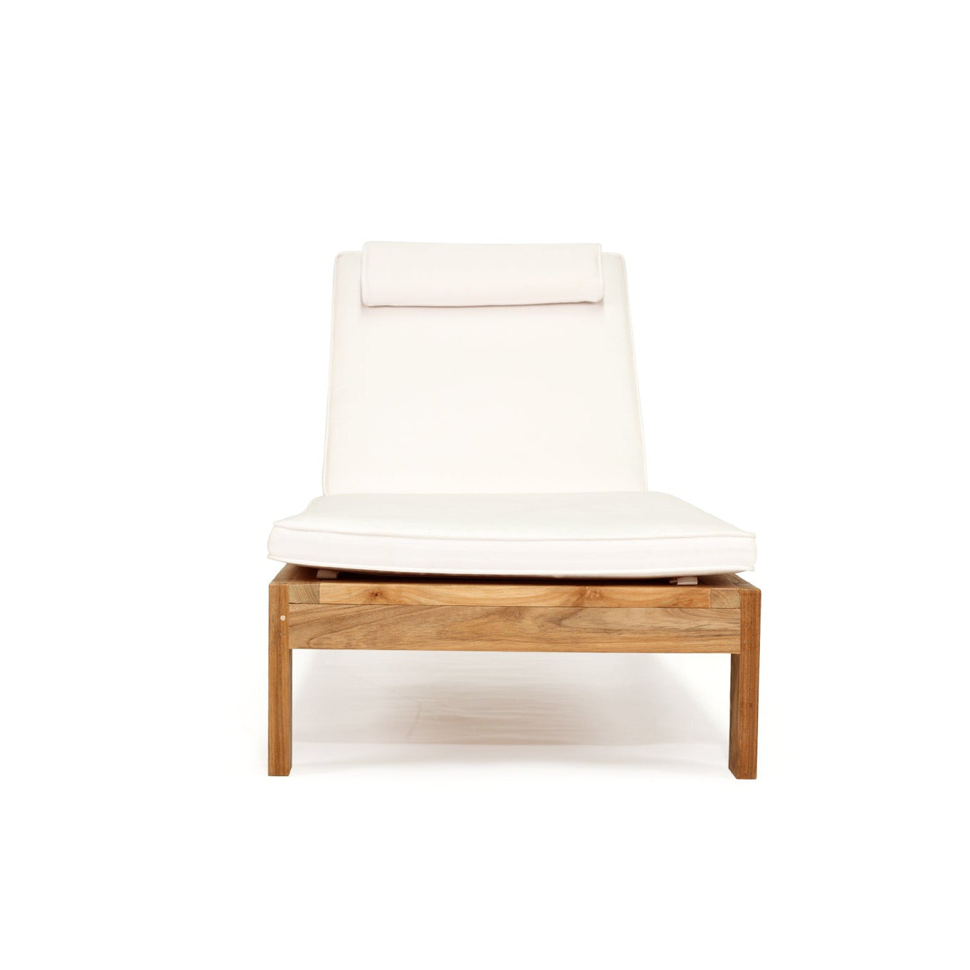 Teak sunlounge with white colored cushions and a matching headrest pillow, shown on a plain white background.