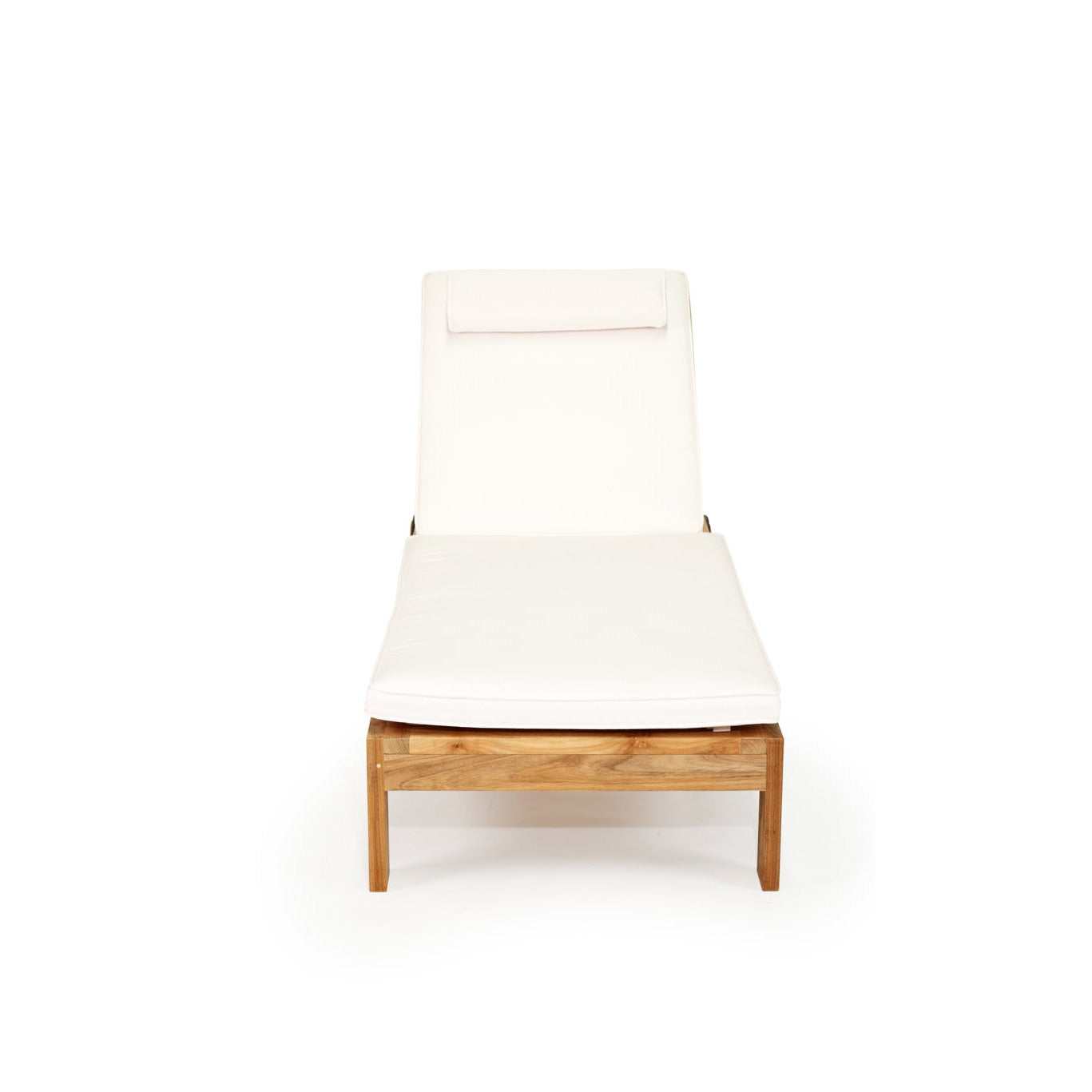 Teak sunlounge with white colored cushions and a matching headrest pillow, shown on a plain white background.