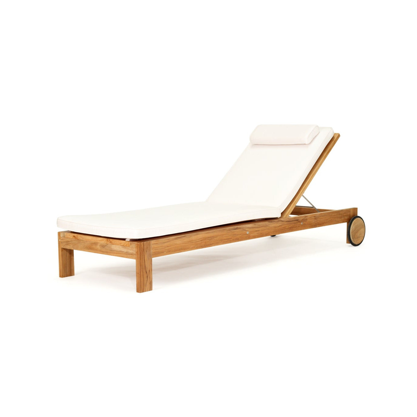 Teak sunlounge with white colored cushions and a matching headrest pillow, shown on a plain white background.