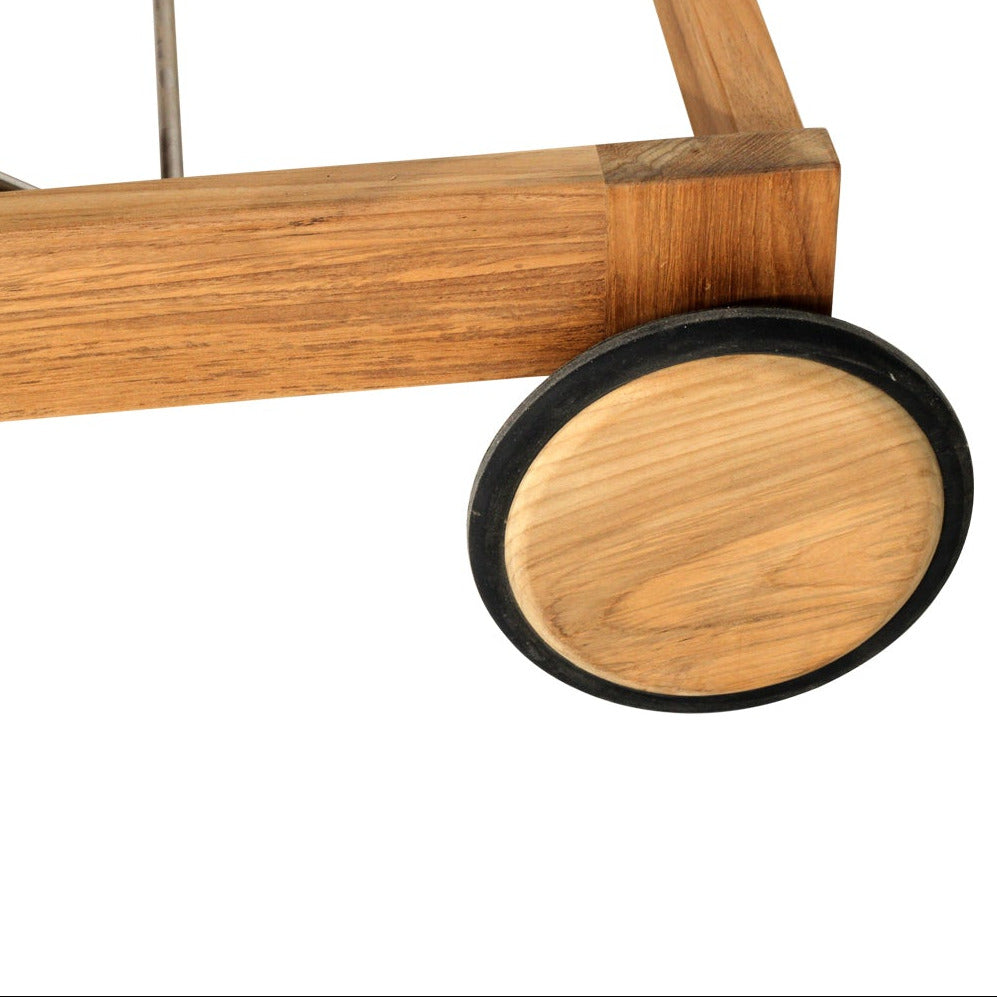 Close-up of a wooden furniture leg or frame component with a round wooden wheel or pad outlined in black, shown on a plain white background.