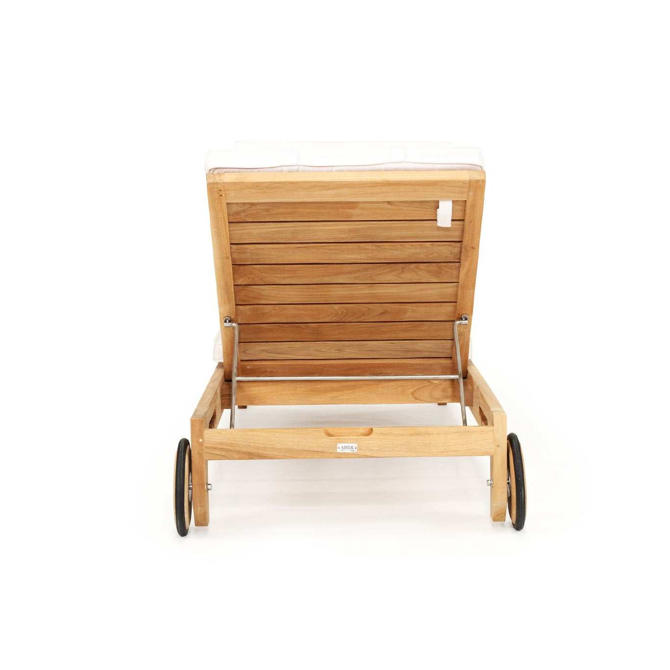 Teak sunlounge with white colored cushions and a matching headrest pillow, shown on a plain white background.