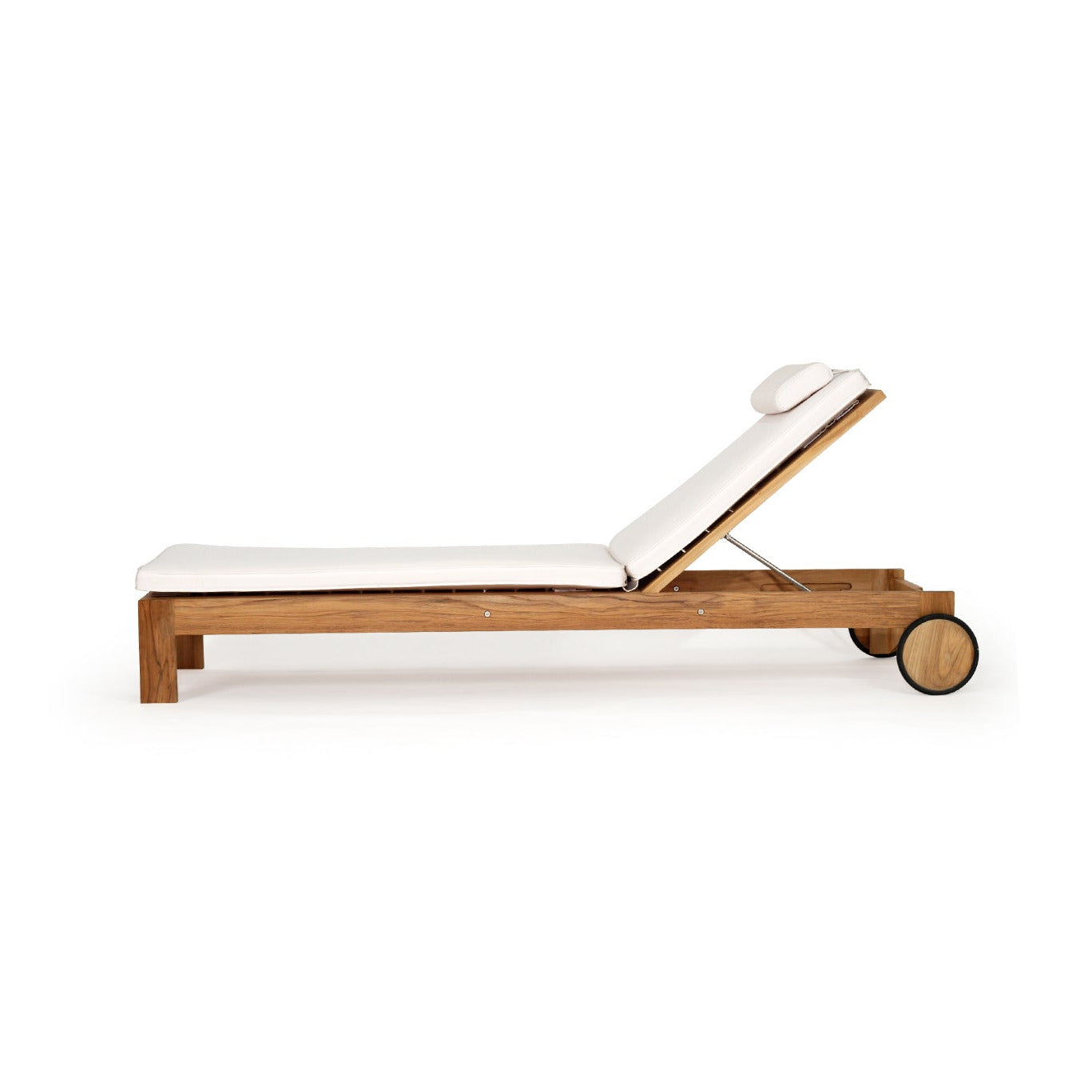 Teak sunlounge with white colored cushions and a matching headrest pillow, shown on a plain white background.