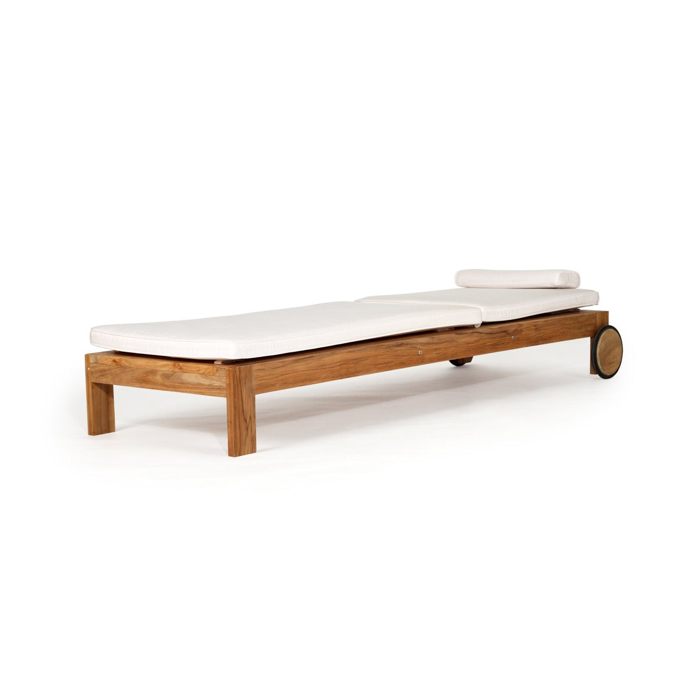 Teak sunlounge with white colored cushions and a matching headrest pillow, shown on a plain white background.