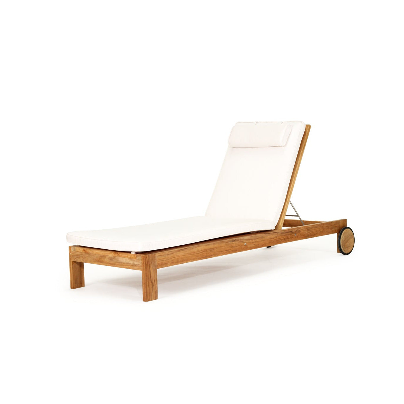 Teak sunlounge with white colored cushions and a matching headrest pillow, shown on a plain white background.