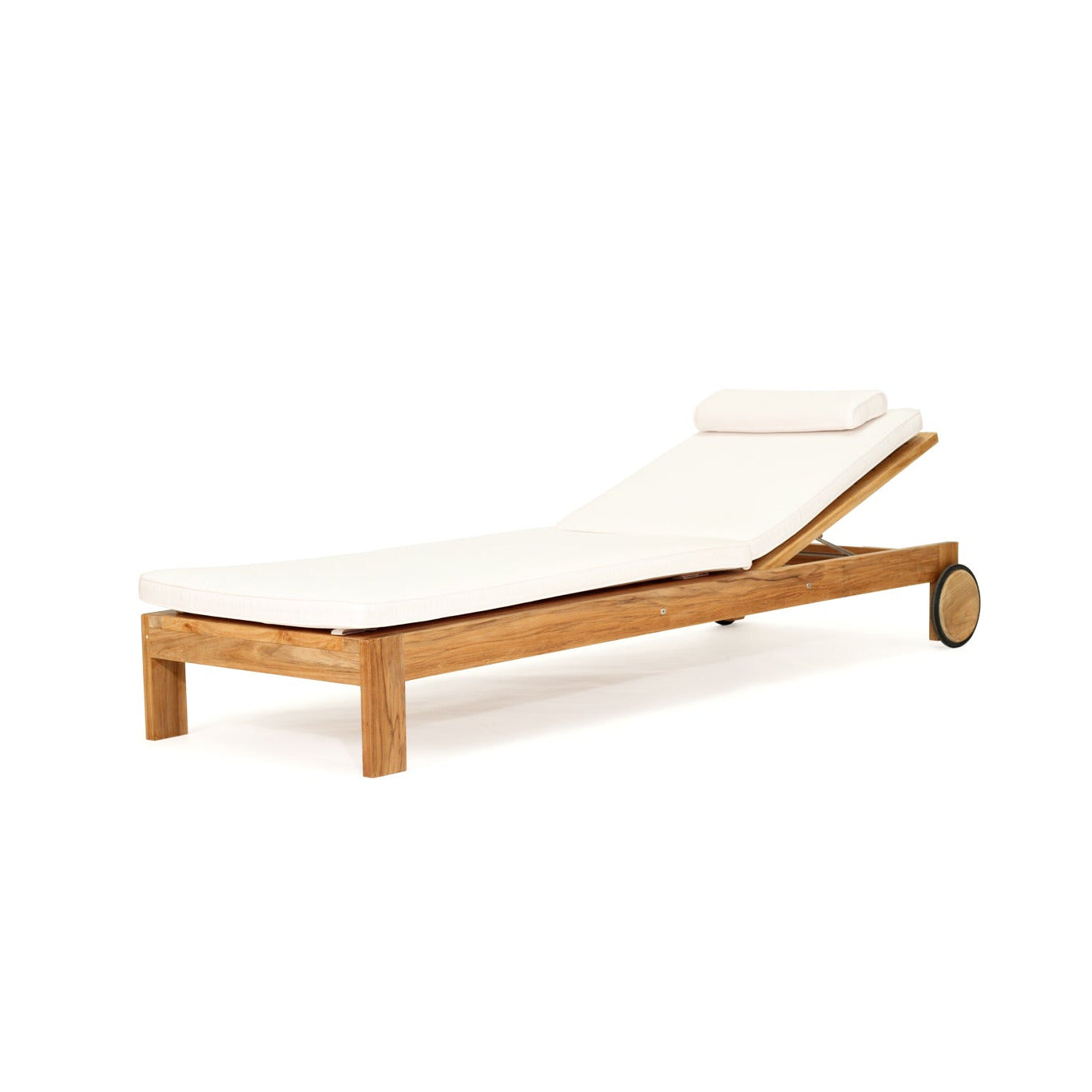 Teak sunlounge with white colored cushions and a matching headrest pillow, shown on a plain white background.
