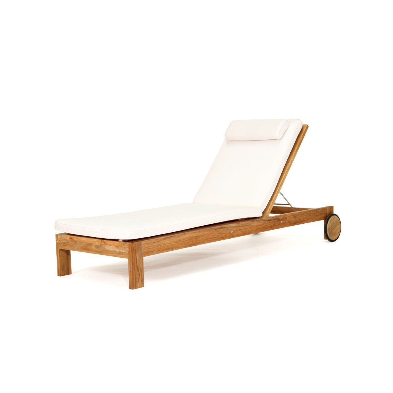 Teak sunlounge with white colored cushions and a matching headrest pillow, shown on a plain white background.