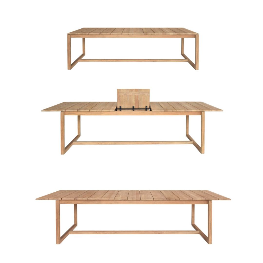 A rectangular outdoor coffee table made of light natural wood slats on a matching metal frame, shown from three angles: front, top-down, and a view showing the center support bracket.