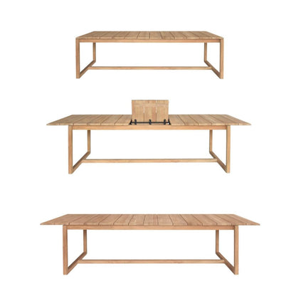 A rectangular outdoor coffee table made of light natural wood slats on a matching metal frame, shown from three angles: front, top-down, and a view showing the center support bracket.