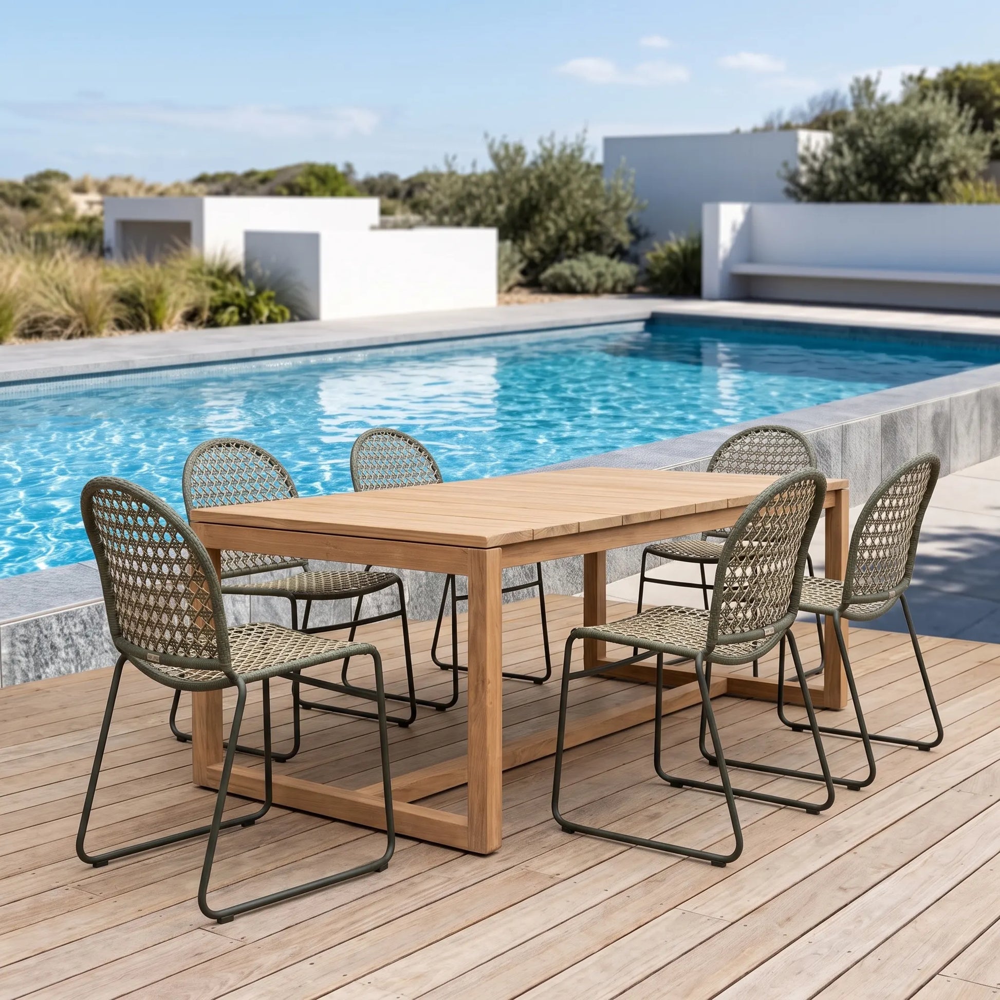 Outdoor dining set with a rectangular wooden table and six woven-back chairs on a wooden deck beside a swimming pool.