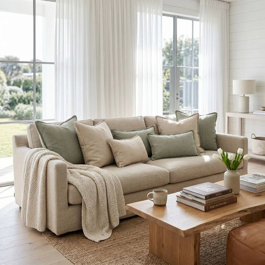 Sun Republic Natural and Sage coloured linen cushion in a modern coastal livingroom