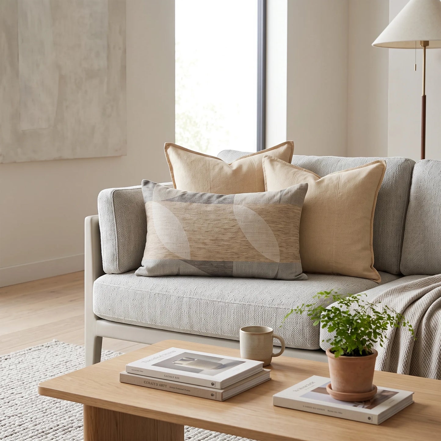 A styled living room scene featuring a light gray upholstered sofa with multiple beige and taupe throw pillows, a wooden coffee table with books and a potted plant, and a bright window in the background.