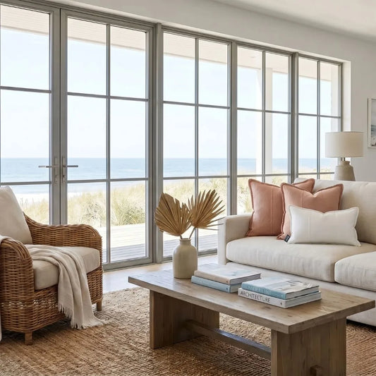 Beige sofa with decorative pillows in a living room with large windows.