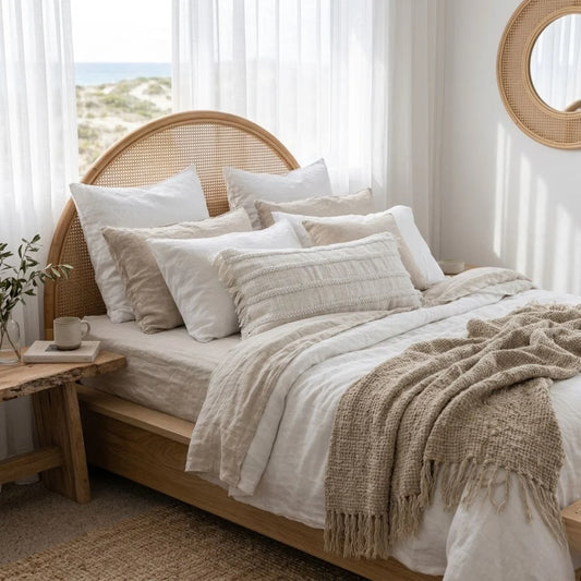 Lulu long lumbar cushion styled in a modern coastal boho bedroom by sun republic