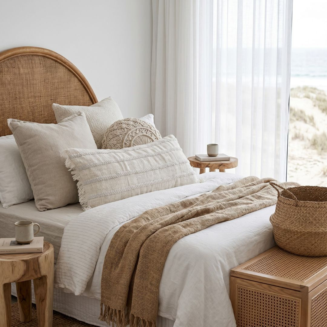 Lulu long lumbar cushion styled in a modern coastal boho bedroom by sun republic