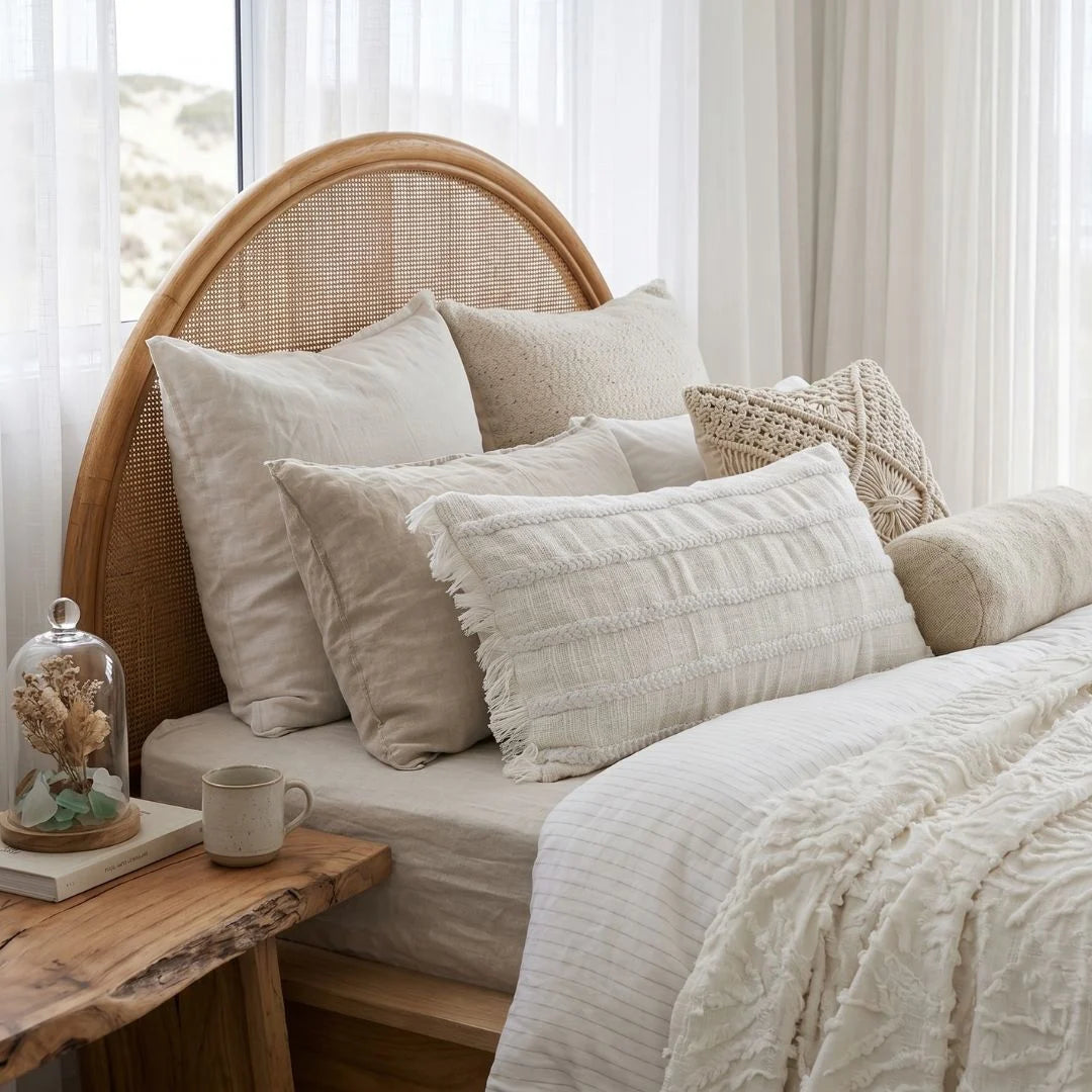 Lulu long lumbar cushion styled in a modern coastal boho bedroom by sun republic