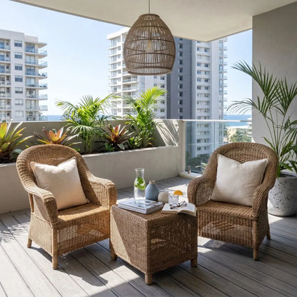 Two wicker chairs with a small table on a balcony with cityscape view