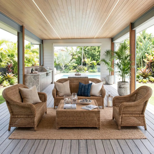 Outdoor patio with wicker furniture and a view of a pool and garden.