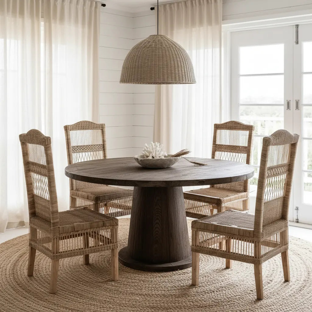 Dining room with wooden table and chairs in a bright room.