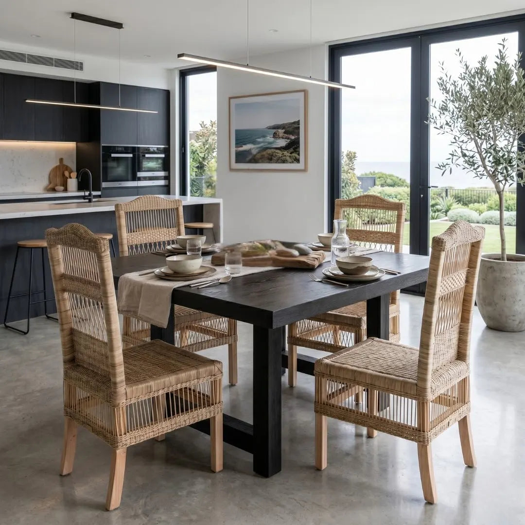 Dining area with a black table and wicker chairs in a modern kitchen.