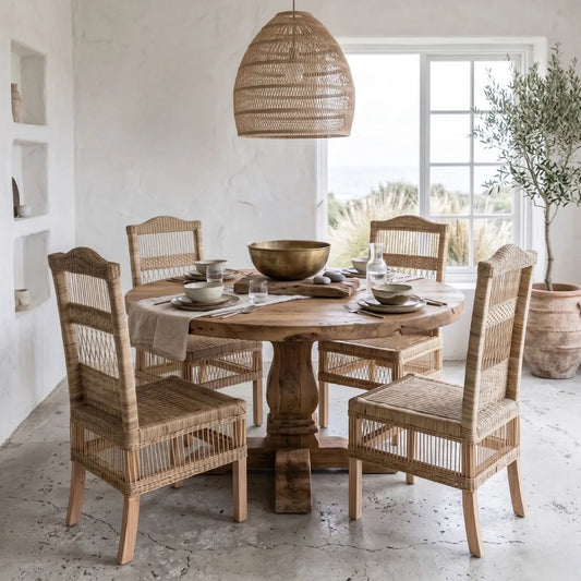 Dining room with wooden table and chairs, gold bowl, and decorative elements.