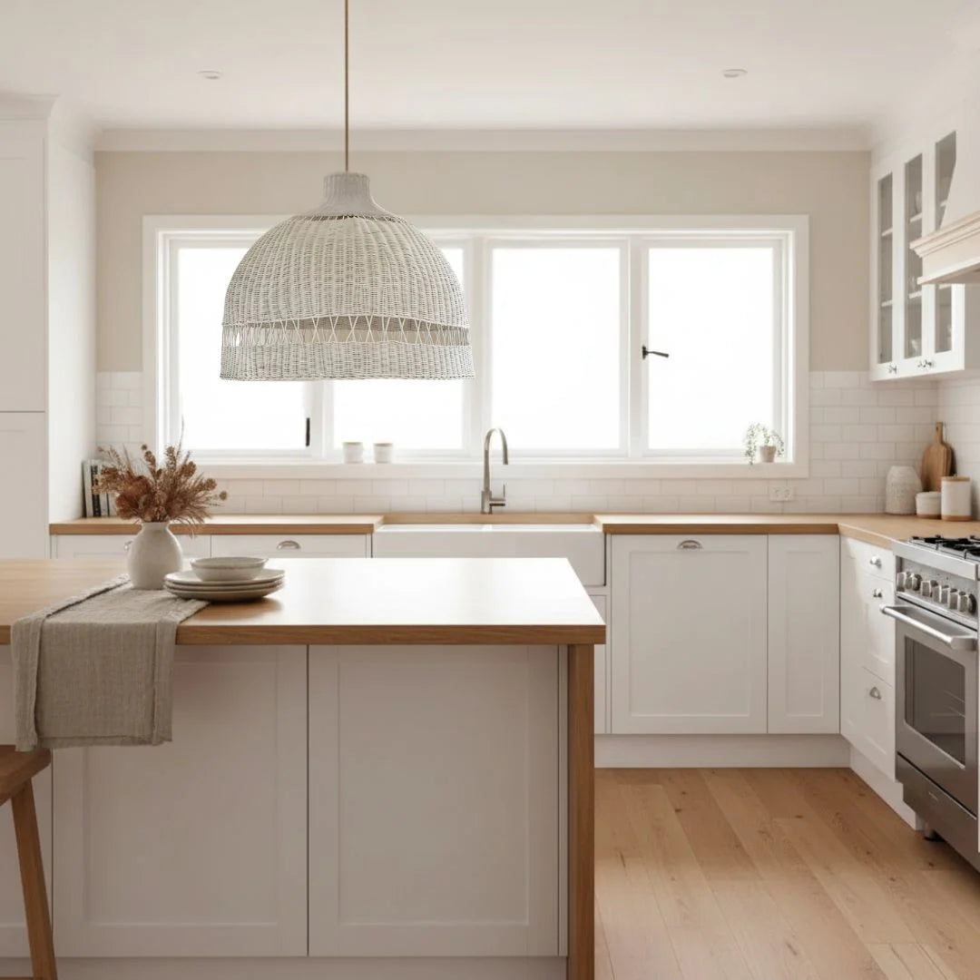 Modern kitchen with white cabinets, wooden countertops, and a pendant light.