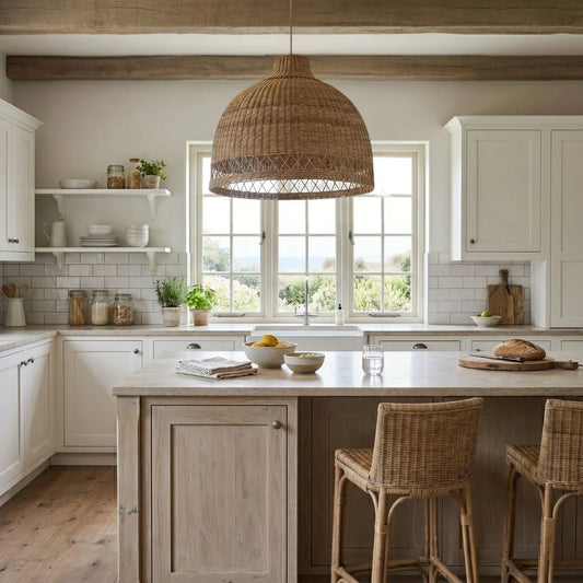 Kitchen with wooden island, sun republic woven malawi cane pendant light, and stools.
