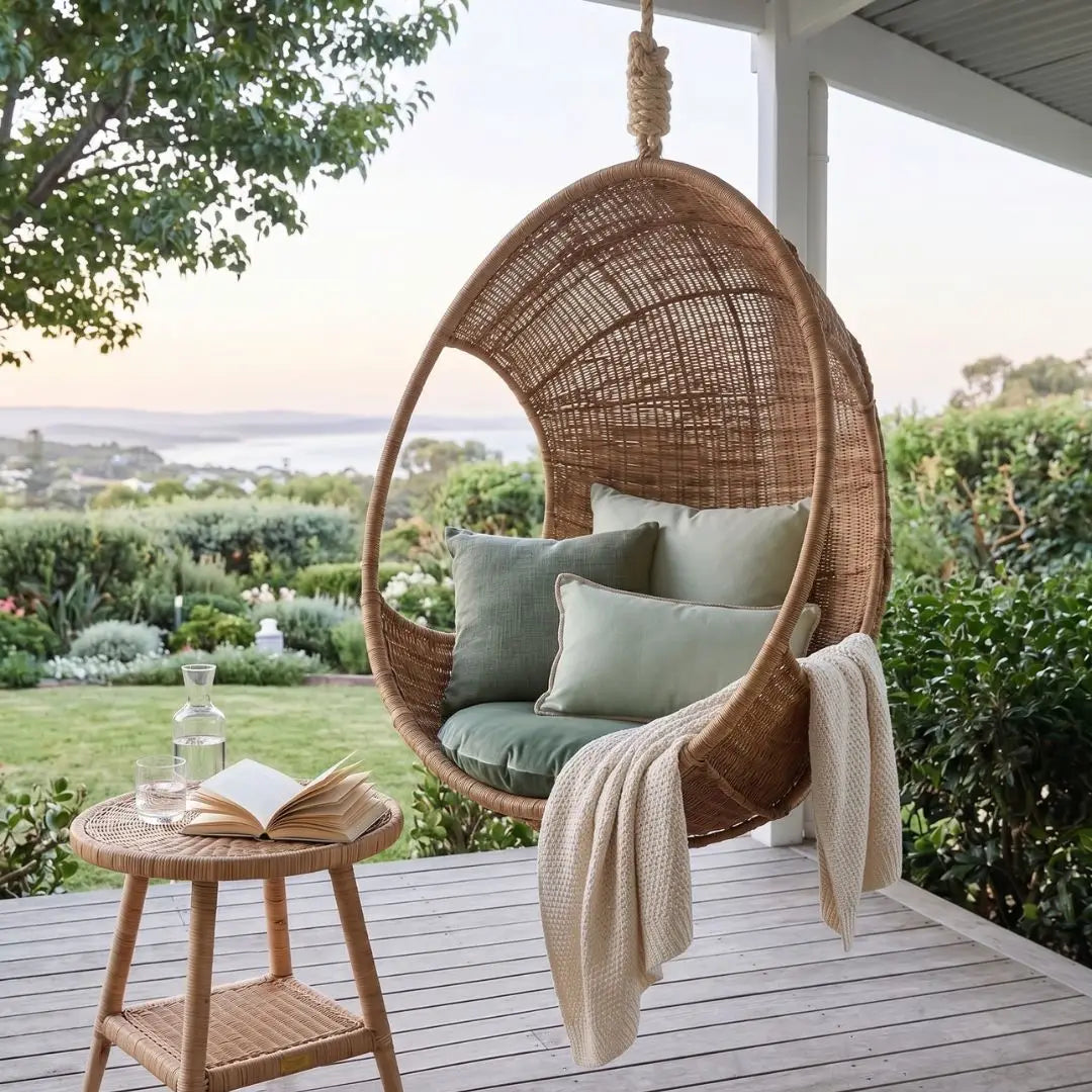 Wicker egg chair with cushions on a patio with a scenic view