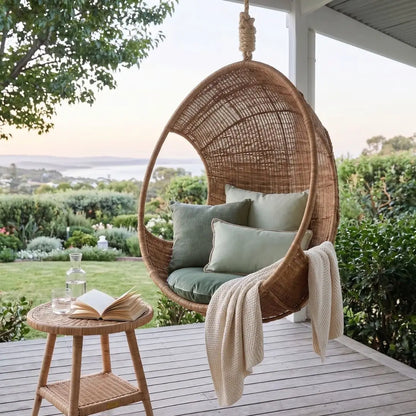 Wicker egg chair with cushions on a patio with a scenic view