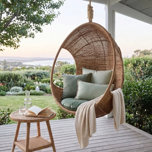 Wicker egg chair with cushions on a patio with a scenic view