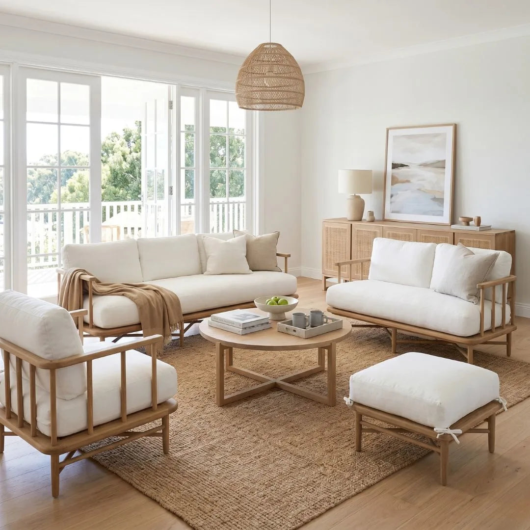 Modern living room with wooden furniture and white cushions