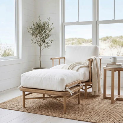 Nautical-themed room with wooden bed, white bedding, and a view of the beach.