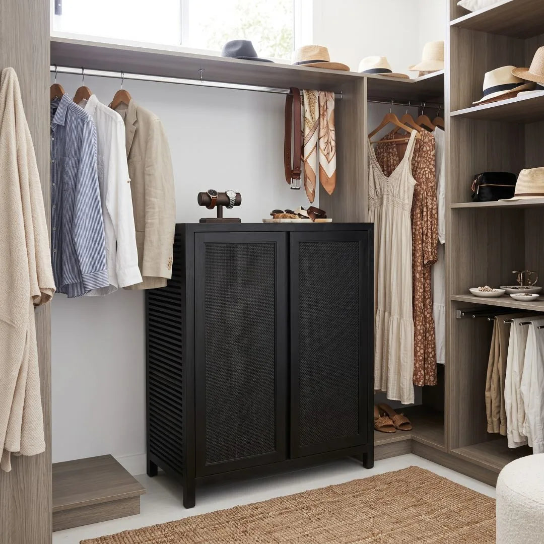 A black wooden shoe cabinet with woven cane doors stands in a modern walk-in closet filled with hanging shirts, dresses, hats, and shoes.