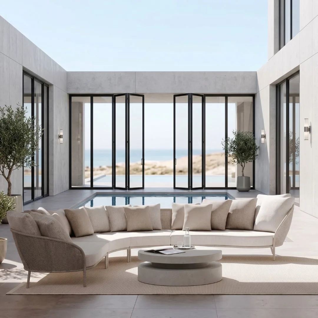 Modern outdoor living space with a curved sofa, coffee table, and large glass doors overlooking a pool and desert landscape.