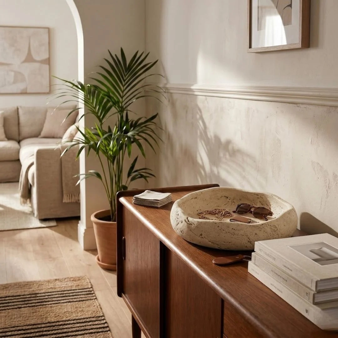 Living room with wooden sideboard, plant, and books