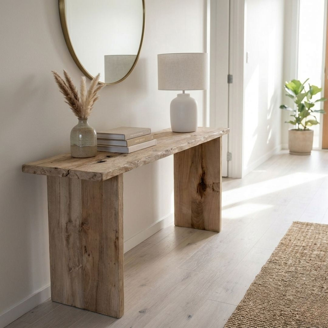 A rustic light brown wooden console table styled in a bright, modern entryway with a white table lamp, a vase of dried grass, and books.