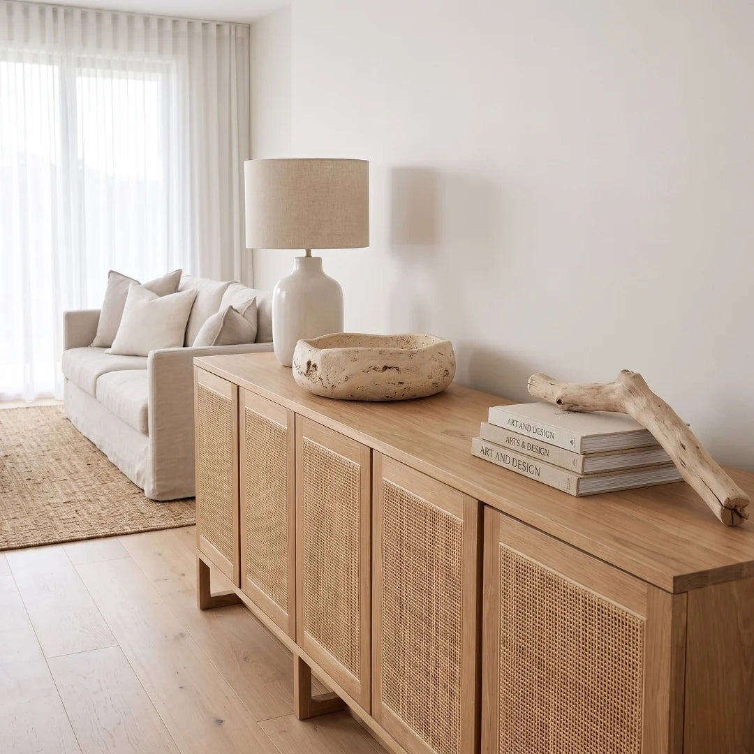A light natural wood sideboard or credenza with woven cane panels, styled in a bright, modern living room next to a sofa with a table lamp and decorative objects.