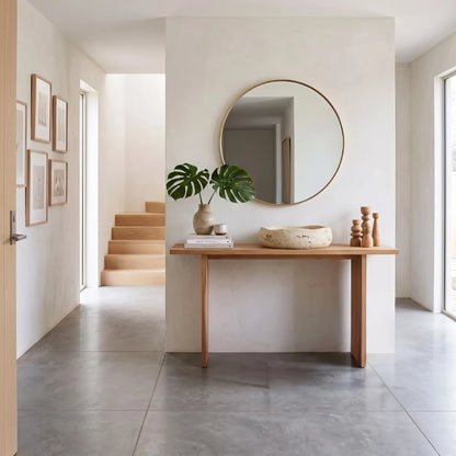 A modern minimalist entryway featuring a light wood console table with a round gold-framed mirror, a ceramic bowl, and a potted monstera plant. The space has warm off-white plaster walls, gray concrete-look floor tiles, and a wooden staircase in the background.
