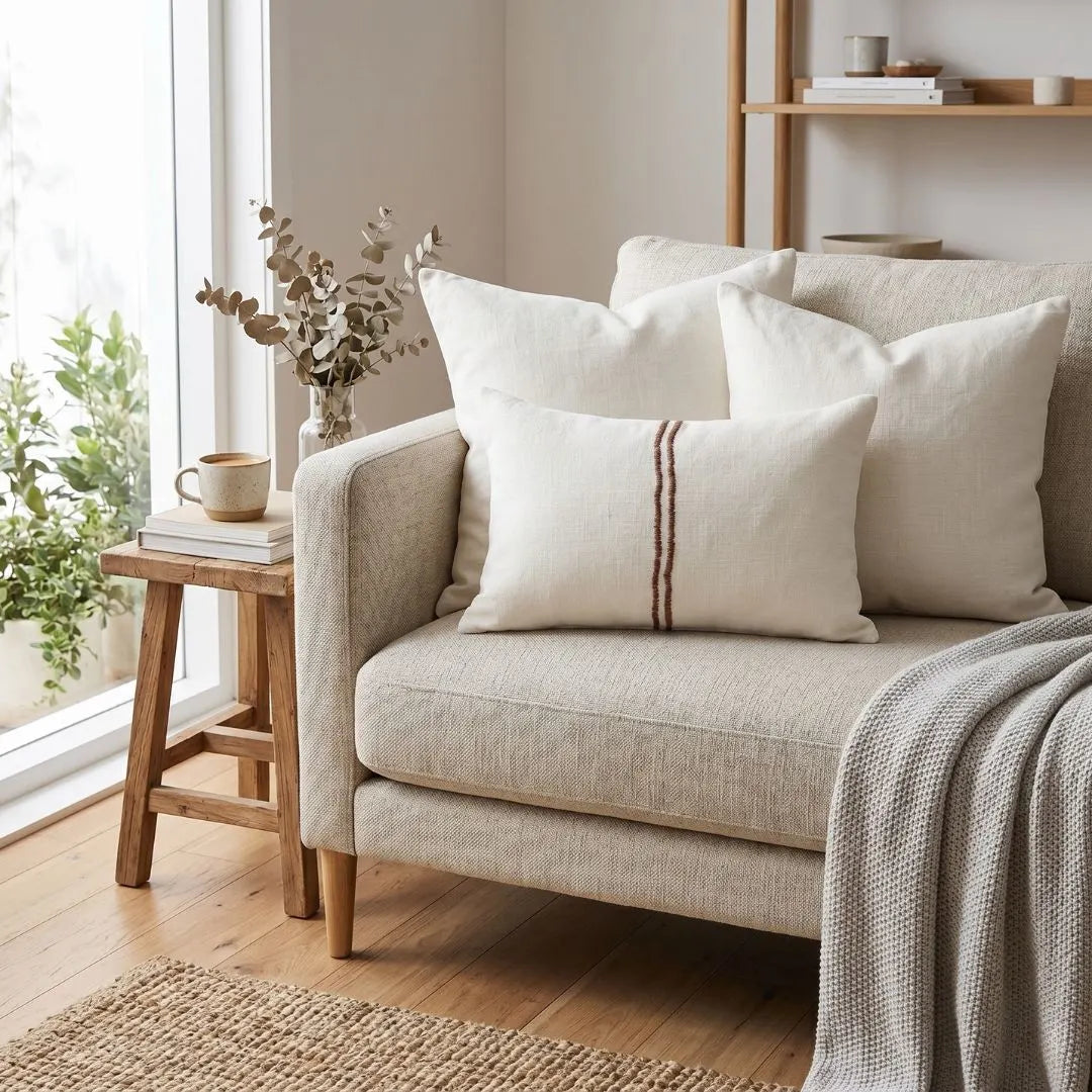 Beige sofa with white and striped pillows in a cozy living room setting.