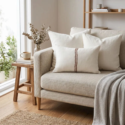 Beige sofa with white and striped pillows in a cozy living room setting.